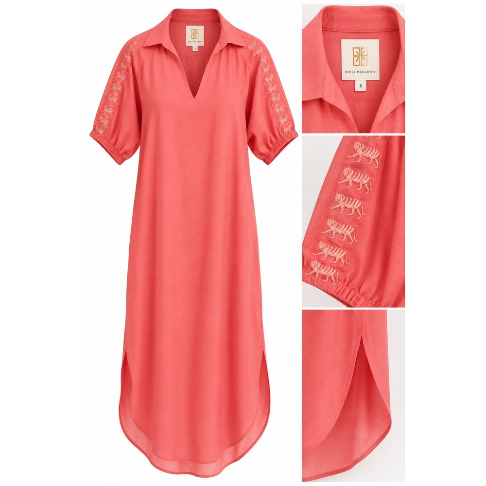 Emily McCarthy Invite Joy Coral Tiger Embroidered Midi Maxi Dress S